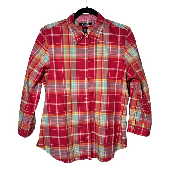 Chaps Tops - CHAPS Women Y2K Plaid Button Down Shirt Sz Large No Iron pink Multi-color Cotton